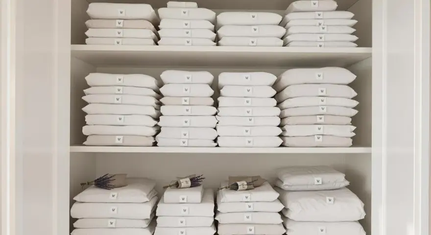 Étagères remplies de linge de lit blanc et beige plié. Une astuce rangement linge de lit pour une organisation parfaite.