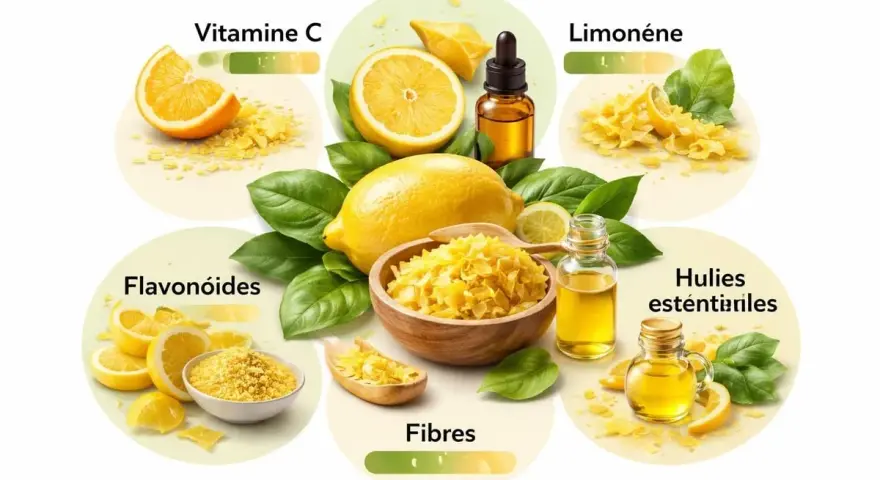 Le citron, source de vitamine C, limonène, flavonoïdes, fibres et huiles essentielles. Le zeste de citron est partout !