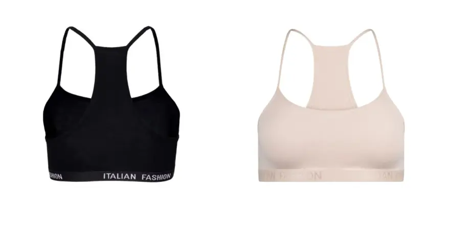Czarny i beżowy biustonosz sportowy z napisem "ITALIAN FASHION". Idealny pierwszy biustonosz dla młodej kobiety.