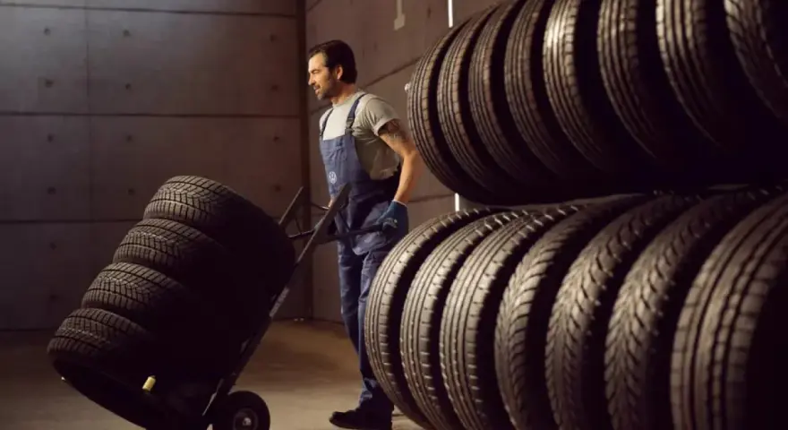 Un operaio trasporta pneumatici su un carrello, pronto per la manutenzione pneumatici. Scaffali pieni di gomme sullo sfondo.