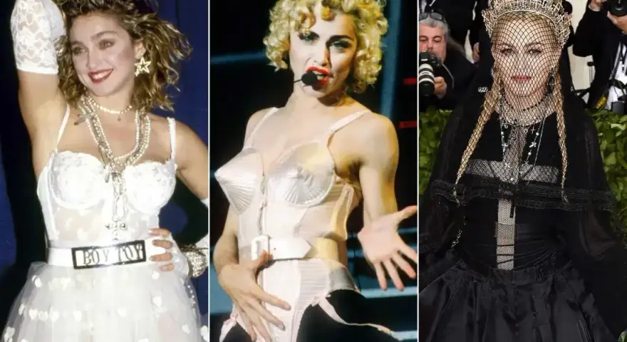 Ikony stylu lat 80. zagraniczne: Madonna w białej sukni, w stroju scenicznym i w czarnej kreacji z welonem.