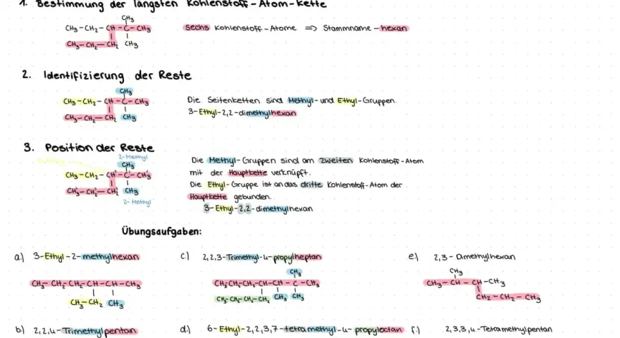 Alkane: Bestimmung der längsten Kohlenstoffkette, Identifizierung von Resten und deren Position. Übungsaufgaben zur Benennung von Alkanen.