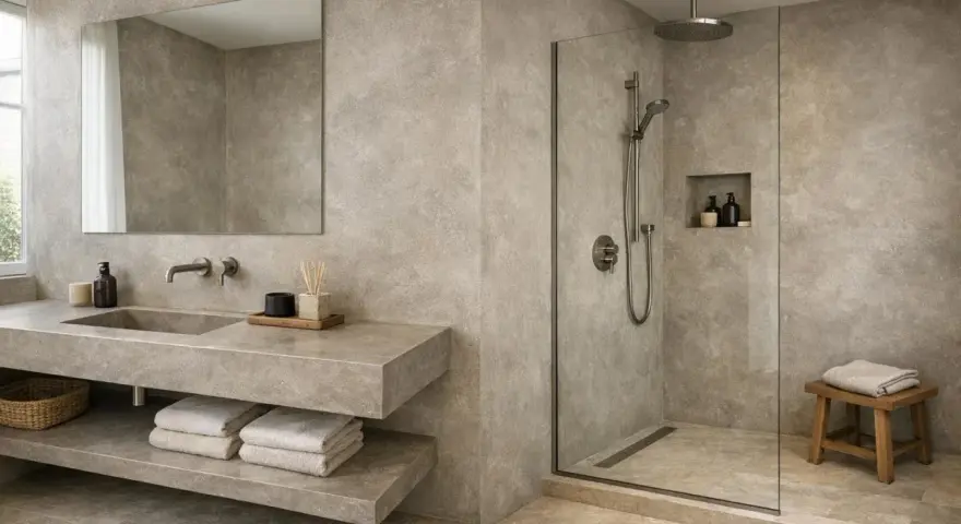 Salle de bain moderne avec lavabo suspendu, douche à l'italienne et **béton ciré sol** pour une ambiance épurée.