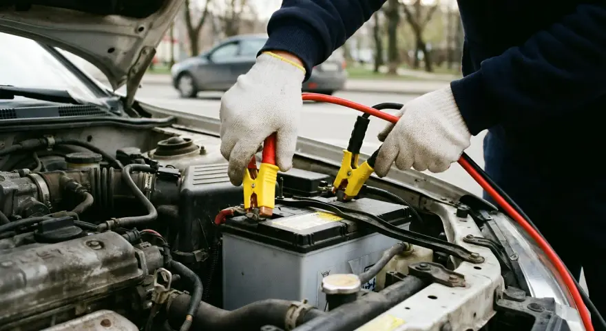Person mit Handschuhen schließt Starthilfe-Kabel an Autobatterie an. ADAC-Hilfe ist oft die Lösung bei Pannen.