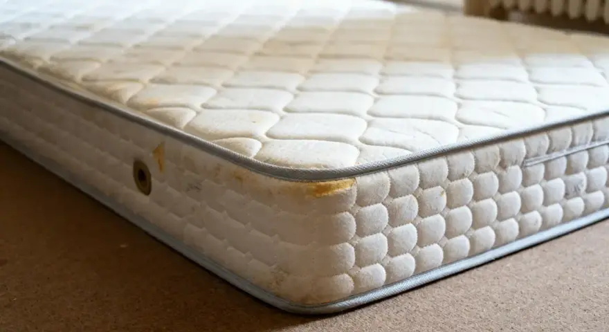 Matelas usagé, taché, avec des signes de dégradation. Le polyuréthane peut présenter un danger s'il est mal ventilé ou décomposé.