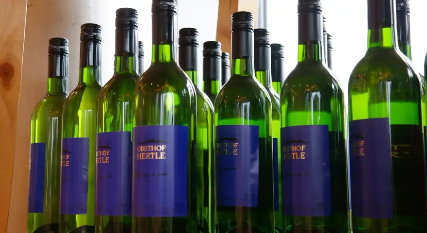 Rząd zielonych butelek białego wina Obsthof Hertle. Lepiej pić drinki czy białe wino? Wybór należy do Ciebie!