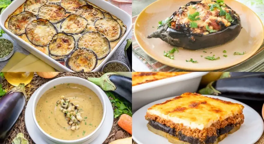 Variedad de recetas con berenjenas: pastel horneado, berenjena rellena, sopa cremosa y moussaka.