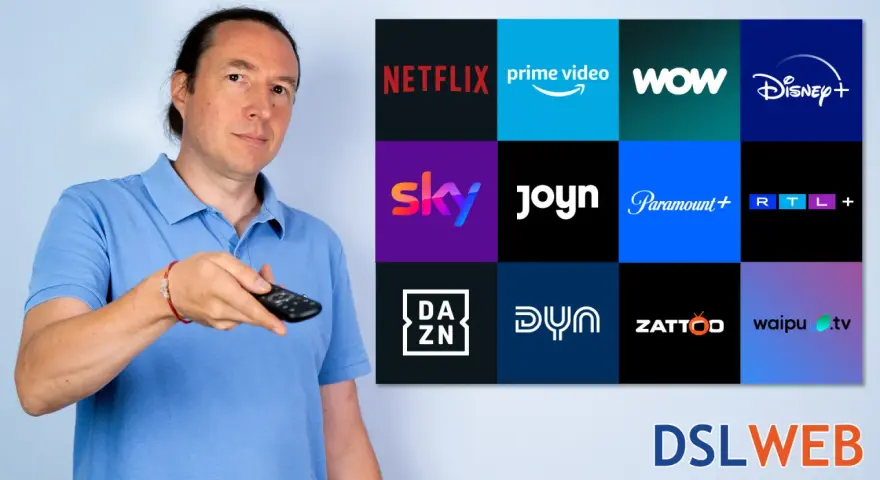 Mann mit Fernbedienung vor Logos beliebter Streaming-Dienste in Deutschland wie Netflix, Prime Video, Sky, Disney+.