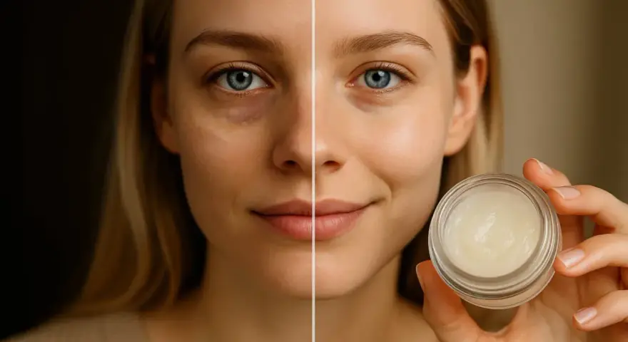 Vorher-Nachher-Vergleich: Eine Frau mit Augenringen links, rechts mit strahlender Haut. Vaseline gegen Augenringe für einen frischen Blick.