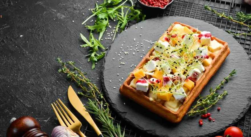 Gaufre rectangulaire garnie de dés de fromage, de fruits et de pousses, servie sur une ardoise. Une délicieuse pâte à gaufre salée prête à être dégustée.