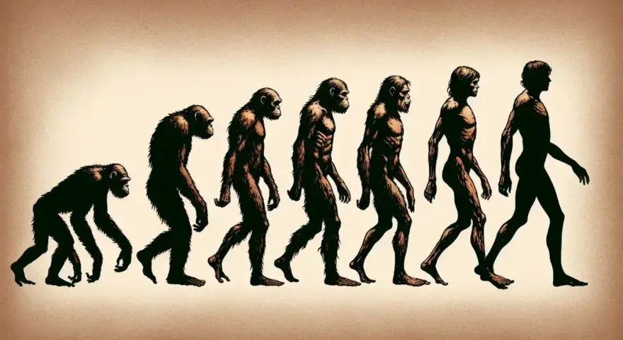 Esquema de la evolución del hombre: simios encorvados se transforman gradualmente en humanos bípedos.