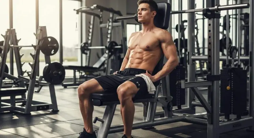 Un homme musclé se repose dans une salle de sport, profitant de son temps de repos idéal musculation.