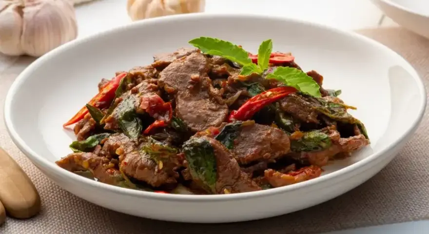 Aksamitne kawałki wołowiny w aromatycznym sosie z bazylią i chili. Pyszne wołowina po tajsku, gotowa do podania.