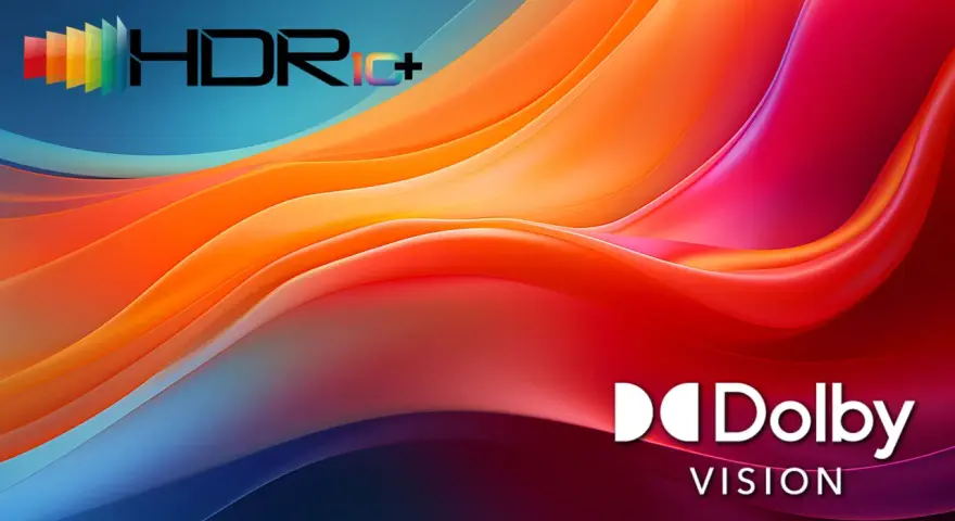 Abstrakte, fließende Formen in leuchtenden Orange-, Rot- und Blautönen. Das HDR10+ und Dolby Vision Logo sind prominent platziert.