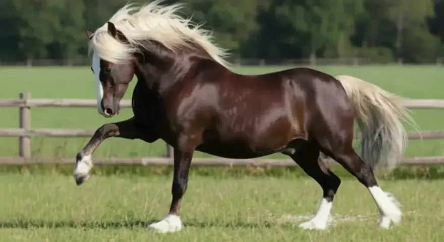Magnifique étalon brun à la crinière blonde, en pleine saillie cheval dans un pré verdoyant.