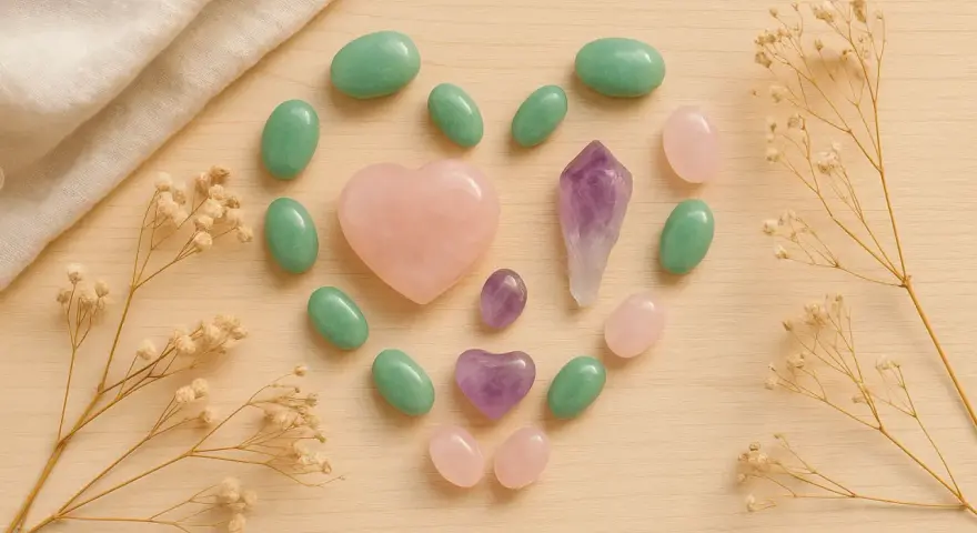 Cristales en forma de corazón y ovalados, incluyendo amatista y cuarzo rosa, dispuestos en un círculo. Una piedra equilibrio emocional.