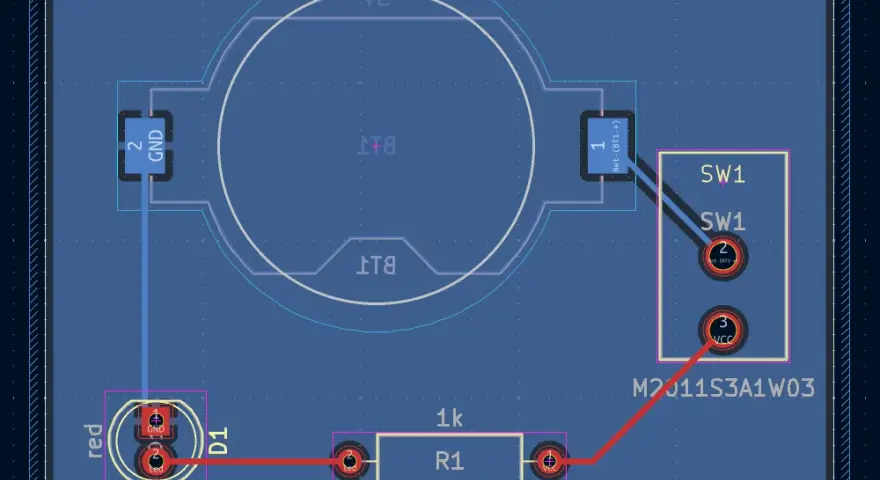 Schaltplan-Ansicht: GND, VCC, Widerstand R1 (1k), Diode D1 und Schalter SW1. Hilfreich, um die **Teilenummer herauszufinden**.