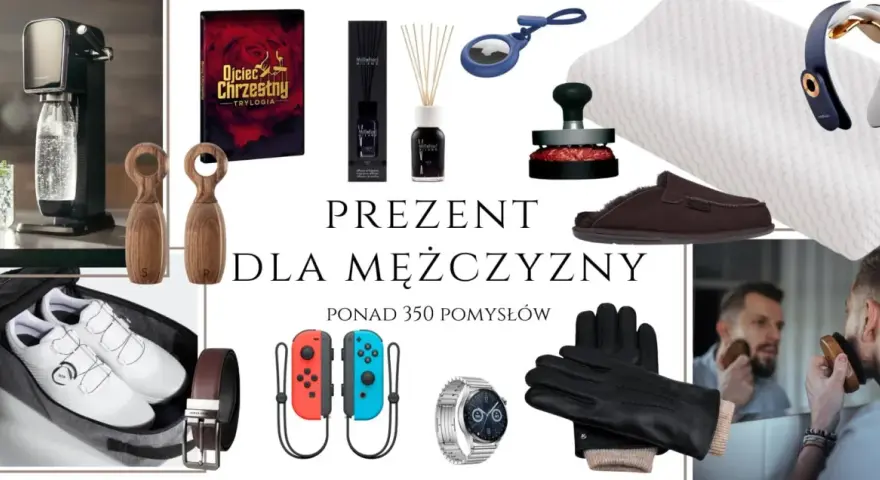 Kolaż prezentów dla mężczyzny: saturator, książka, dyfuzor, lokalizator, buty, pasek, kontrolery, zegarek, rękawiczki, kapcie, poduszka, masażer.