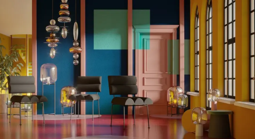 Nowoczesne wnętrze z designerskimi meblami i lampami, gdzie dominują ciepłe kolory: żółty, pomarańczowy i różowy, kontrastujące z granatową ścianą.