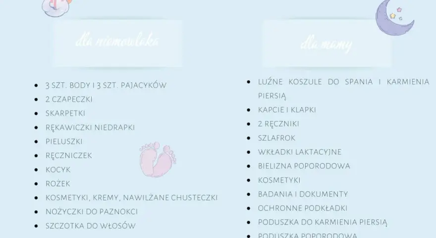 Lista rzeczy do szpitala dla mamy i dziecka: body, pajacyki, pieluszki, koszule do karmienia, kosmetyki.