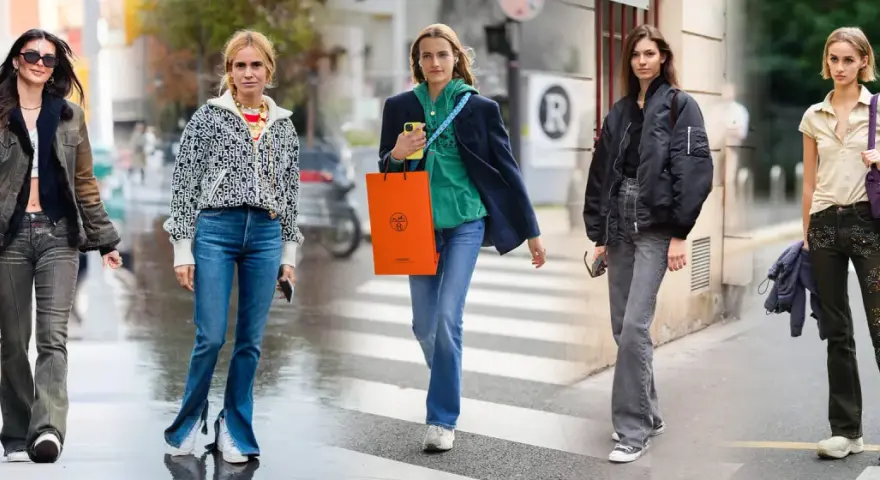 Cinque donne sfoggiano un outfit jeans a zampa e sneakers, con stili diversi e accessori alla moda.