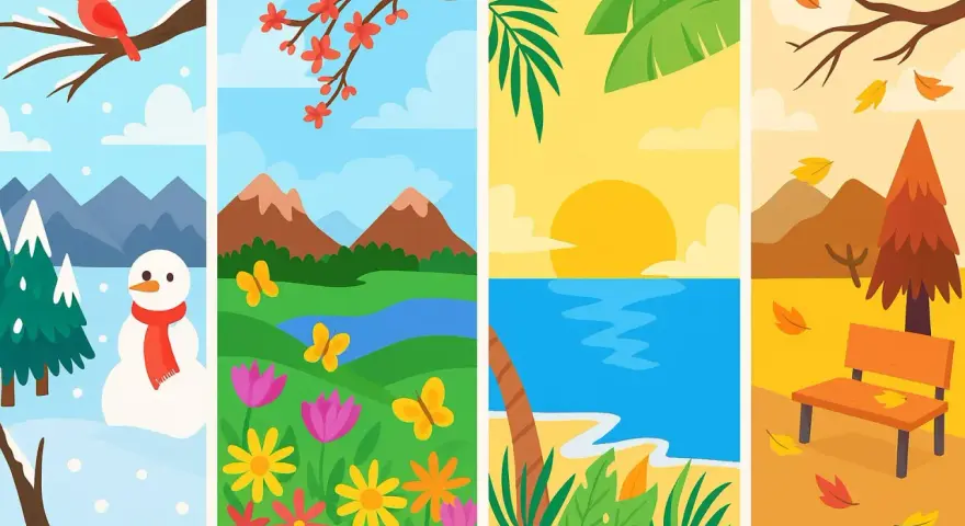 Cuatro escenas que ilustran las estaciones del año en francés: invierno nevado, primavera florida, verano playero y otoño con hojas cayendo.