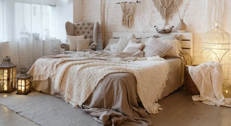Acogedora decoracion boho habitacion con cama mullida, sillón, macramé y faroles.
