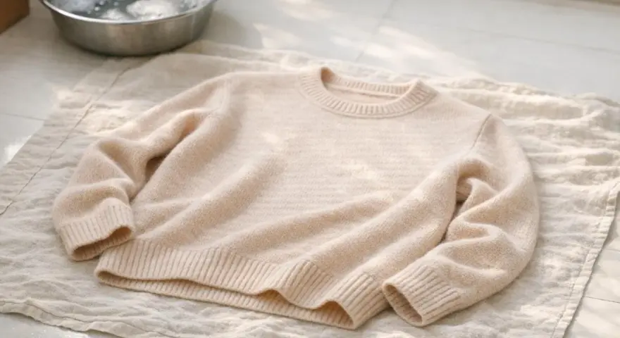 Un pull en laine beige est posé sur une serviette, prêt à laver la laine. Un bol d'eau savonneuse est à proximité.