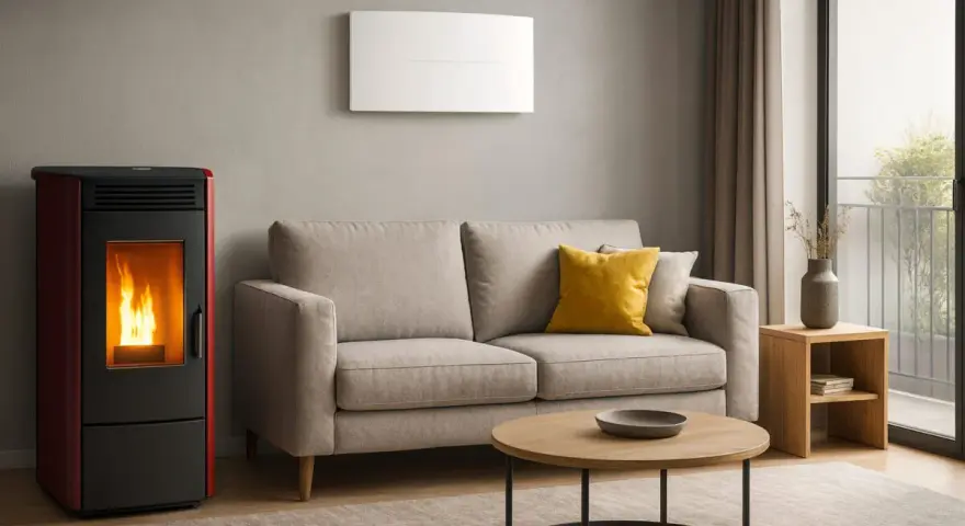 Stufa a pellet moderna con fiamme vive, accanto a un divano beige e un tavolino. Un'elegante soluzione per riscaldare casa, attenzione al monossido di carbonio.