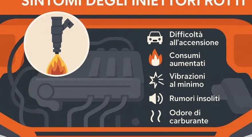 Sintomi di iniettori macchina rotti: difficoltà all'accensione, consumi aumentati, vibrazioni, rumori e odore di carburante.