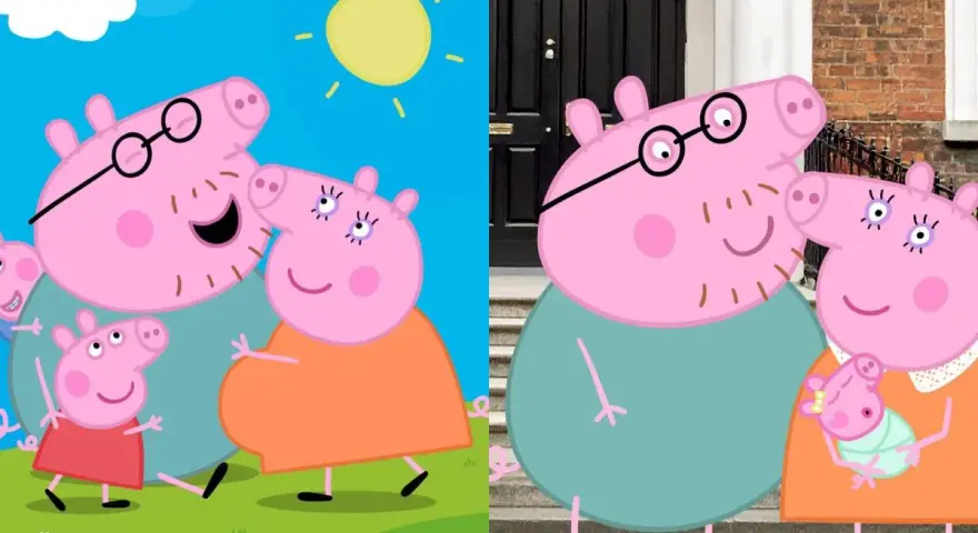 Rodzina Świnki Peppy: tata Świnka, mama Świnka, Peppa, George i niemowlę. Przyjaciele Peppy, ich imiona to: Suzy Owca, Danny Pies, Rebecca Królik.