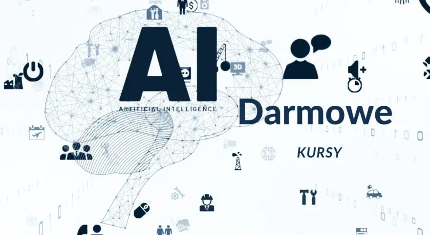 Grafika z mózgiem AI i ikonami symbolizującymi technologię, biznes i naukę. Napis "Darmowe kursy" sugeruje możliwość zdobycia wiedzy bez opłat.