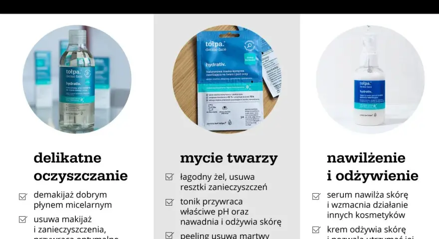 Pielęgnacja dla cery suchej: płyn micelarny, maska nawilżająca i serum. Skóra odzyskuje nawodnienie i komfort.