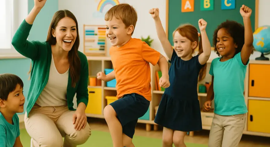 Niños y maestra celebran, mostrando su **capacidad psicomotriz** con alegría en un aula colorida.