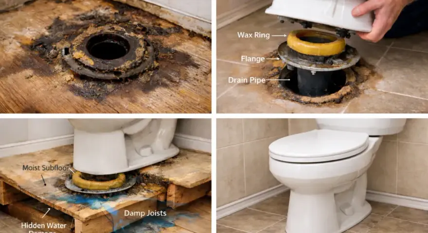 Illustrates toilet wax ring replacement, showing a damaged flange, a new wax ring, and potential subfloor water damage.