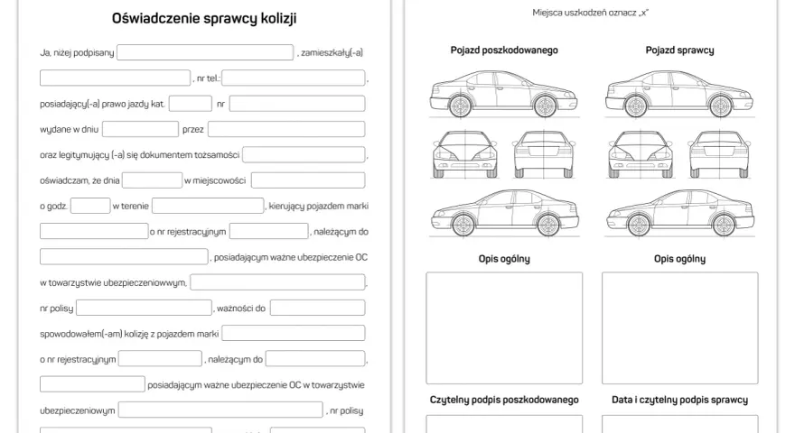 Oświadczenie sprawcy szkody: formularz do wypełnienia przez sprawcę kolizji, zawierający dane kierowcy, pojazdu i informacje o zdarzeniu.