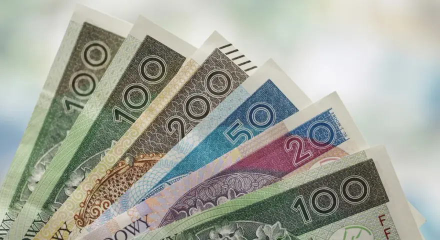 Różne nominały polskich banknotów ułożone wachlarzowo. Zastanawiasz się, ile wynosi świadczenie pielęgnacyjne?