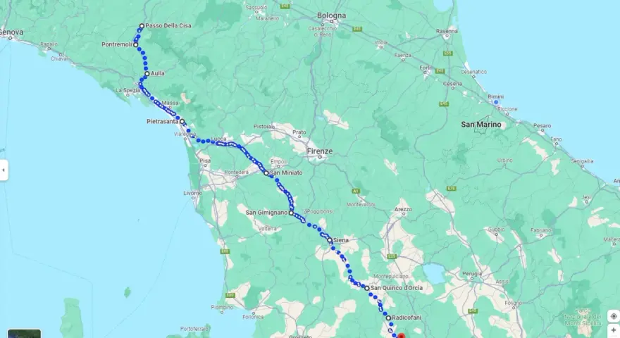Mappa di un itinerario che attraversa la Toscana, da Pontremoli a Radicofani, toccando città come Lucca, Firenze, Siena.