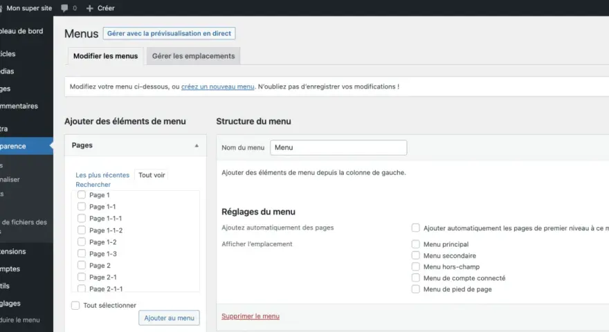 Interface WordPress pour la gestion des menus, permettant de créer et modifier un wordpress dropdown menu.