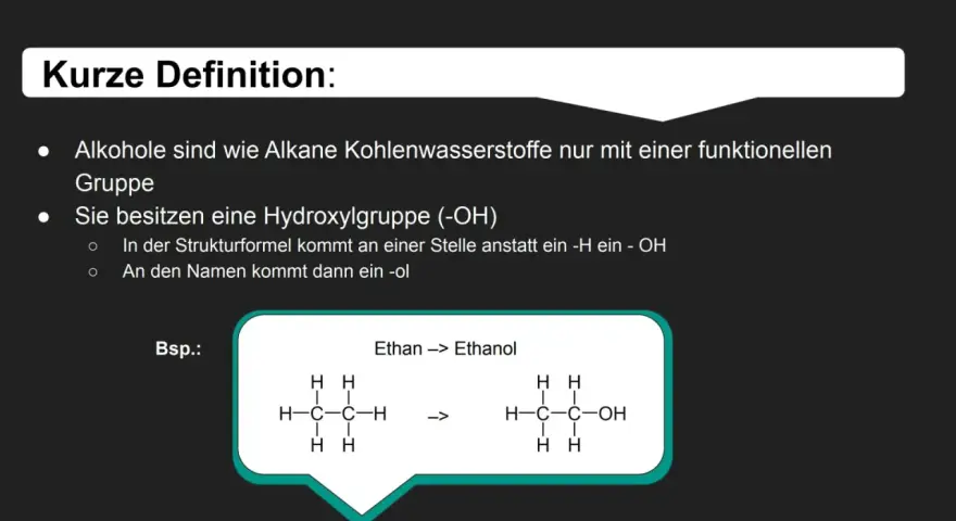 Wie wird Alkohol hergestellt? Alkohole sind Kohlenwasserstoffe mit einer Hydroxylgruppe (-OH). Das Beispiel zeigt Ethan wird zu Ethanol.