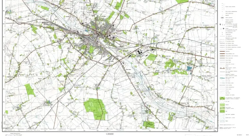Mapa topograficzna okolic Kutna z zaznaczonymi drogami, rzekami i zabudowaniami. Idealna do planowania rozgraniczenie nieruchomości procedura.