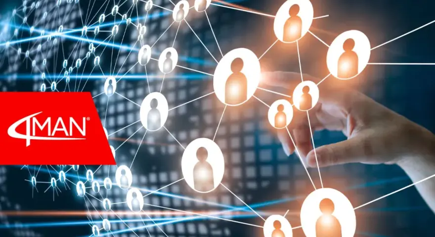 Logo 4MAN su sfondo di rete globale con icone di persone, che simboleggia il fare networking.