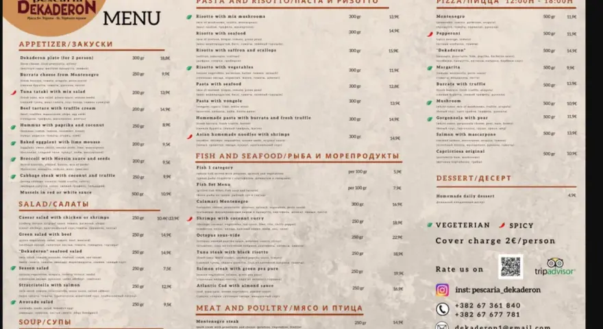 Menu z Czarnogóry: przystawki, makarony, ryby, pizze i desery. Ceny w euro, np. pizza 9,9€, ryba 5,9€/100g.