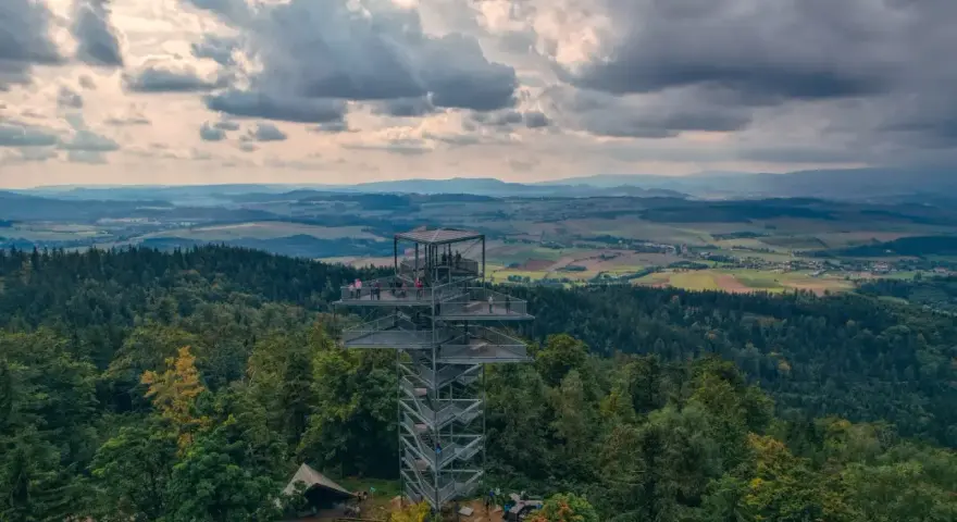 Nowoczesna trójgarb wieża widokowa góruje nad lasem, oferując zapierający dech w piersiach widok na pagórkowaty krajobraz.