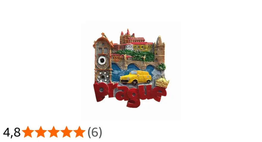 Magnes z widokiem Pragi, mostem, żółtym samochodem i napisem "Prague". Zastanawiasz się, ile kosztuje magnes w Pradze?