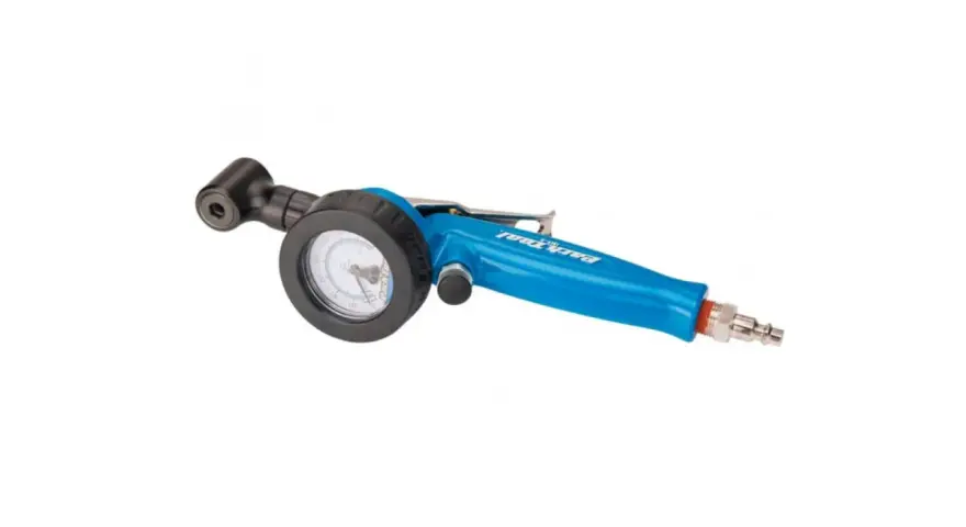 Gonfleur de pneu bleu avec manomètre.