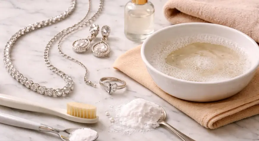 Set per come pulire l'argento gioielli: collana, orecchini, anello, bicarbonato, spazzolino e ciotola con acqua saponata.