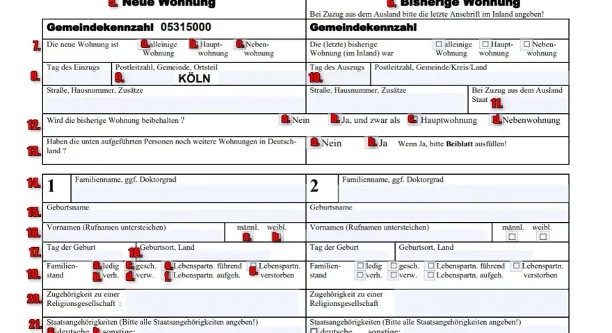 Formular Anmeldung, sekcja "Neue Wohnung" (nowe mieszkanie) zawiera dane dotyczące meldunku tymczasowego w Kolonii.