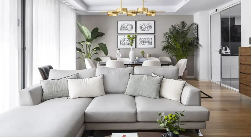 Sofá gris y plantas verdes, ideas de colores para pintar salones pequeños. Paredes neutras y suelo de madera.