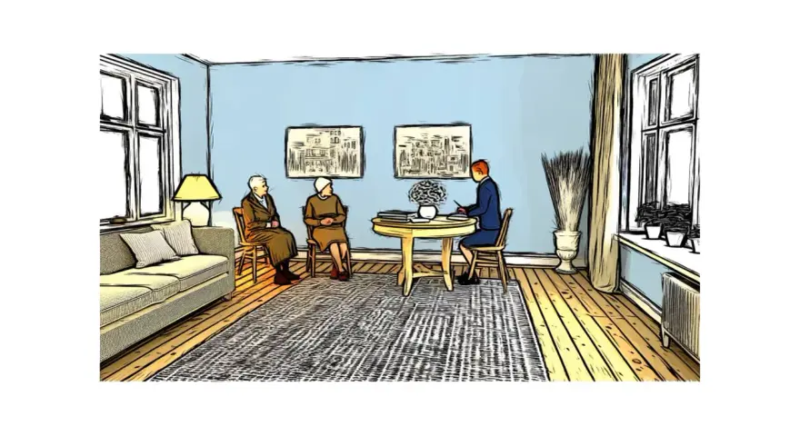 Dos ancianos esperan en una sala de estar azul, uno frente a un escritorio donde un joven revisa un contrato precario.